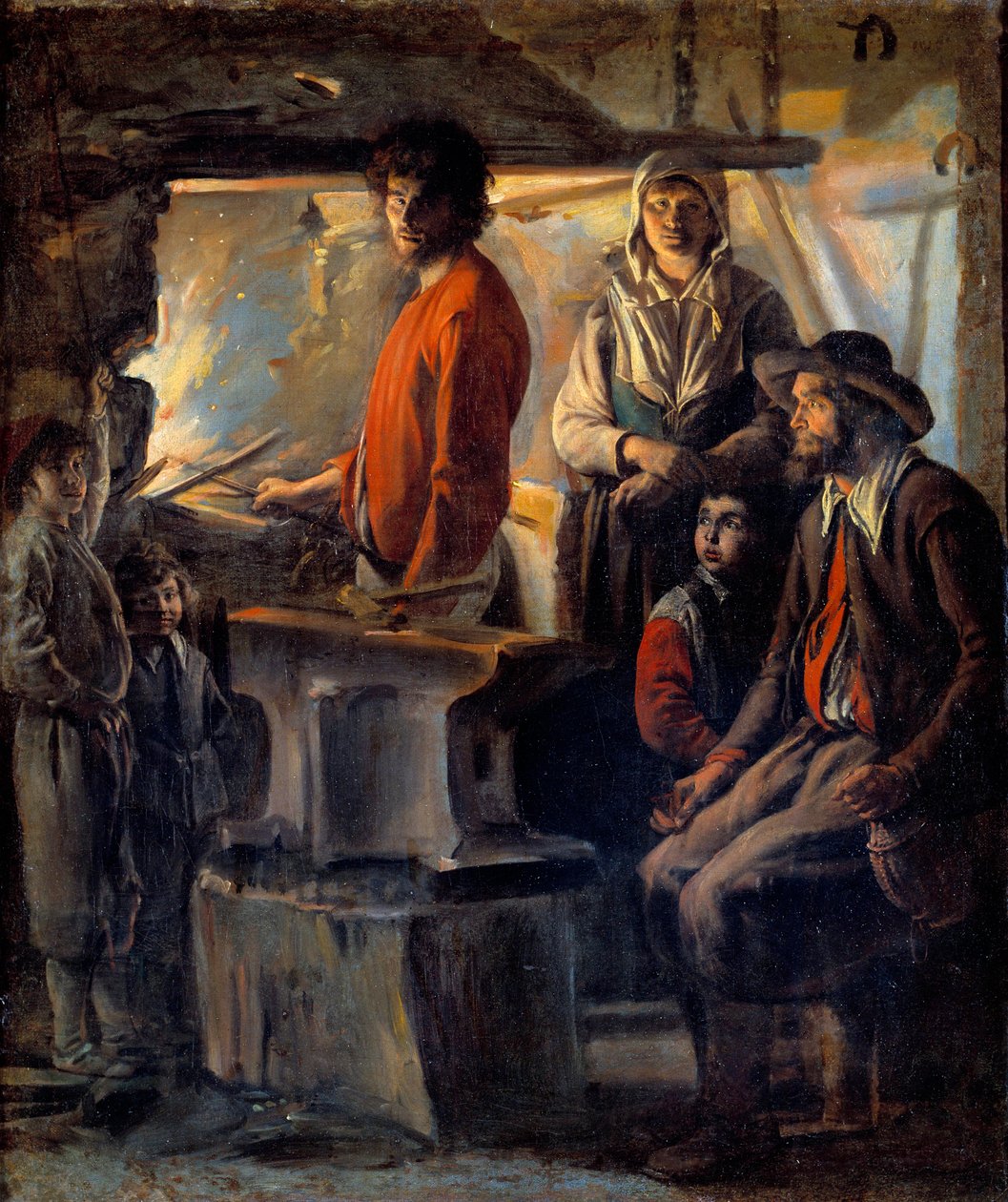 Kovář nebo marechal ve své kovárně Marechal-železo a jeho rodina, vedle něj kovadlina. Obraz Ludvíka Naina (1593-1648) 17. století Slunce. 0,69x0,57 m od Louis le Nain