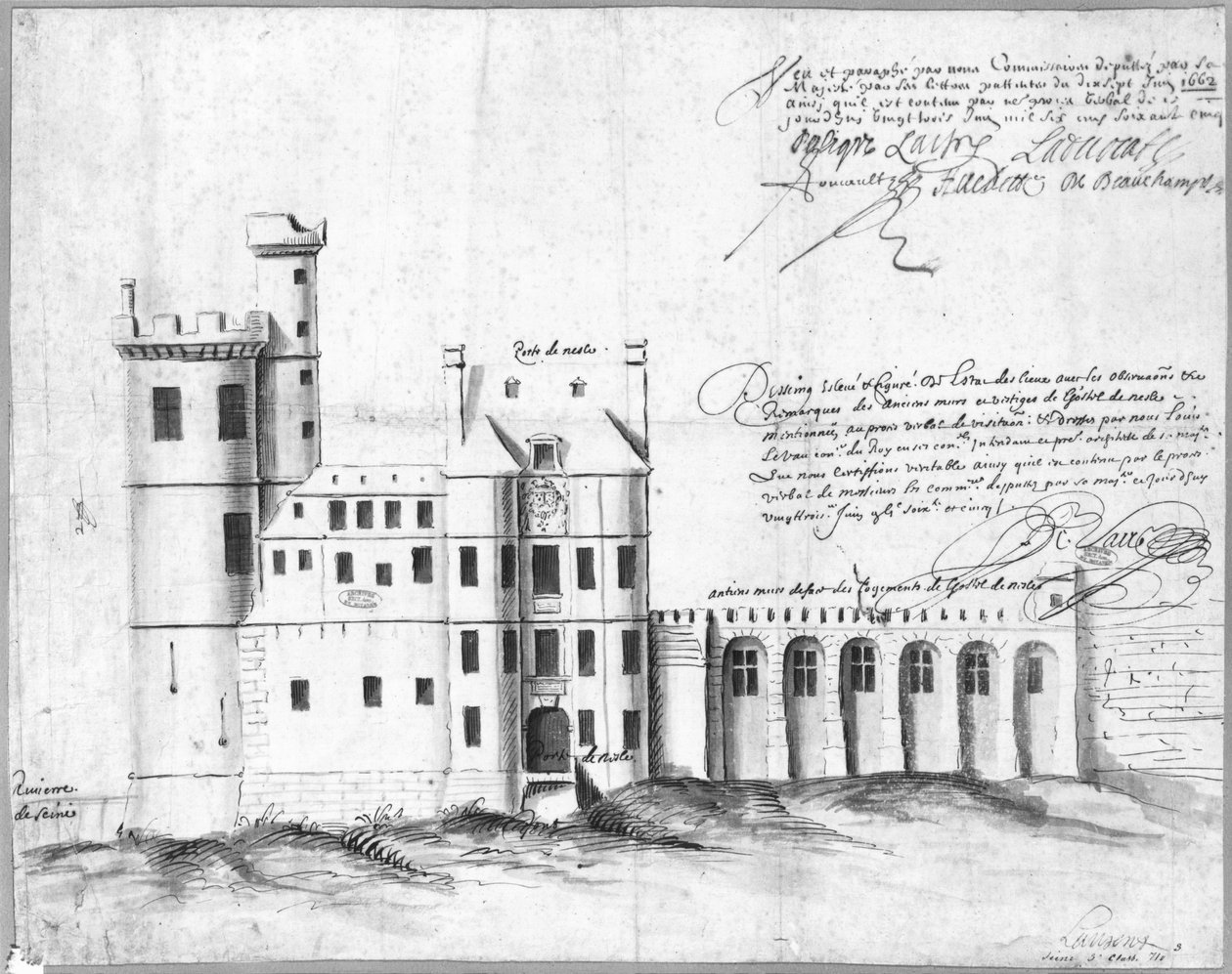 Fasáda Porte a Hotel de Nesle, 1662 (pero a inkoust a mytí na papíře) od Louis Le Vau