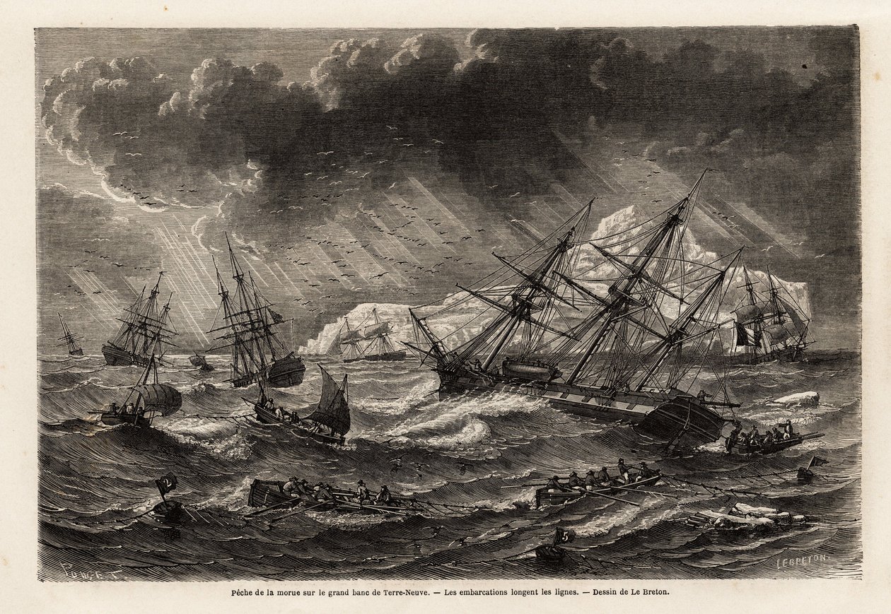 Na lovu tresky na Grand Bank of Newfoundland lodě sledují linie, které nakreslil Lebreton, aby ilustrovaly cestu do Newfoundlandu v roce 1860 od A. de Gobineaua. Rytina v „“Le tour du monde““, editoval Edouard Charton od Louis Le Breton