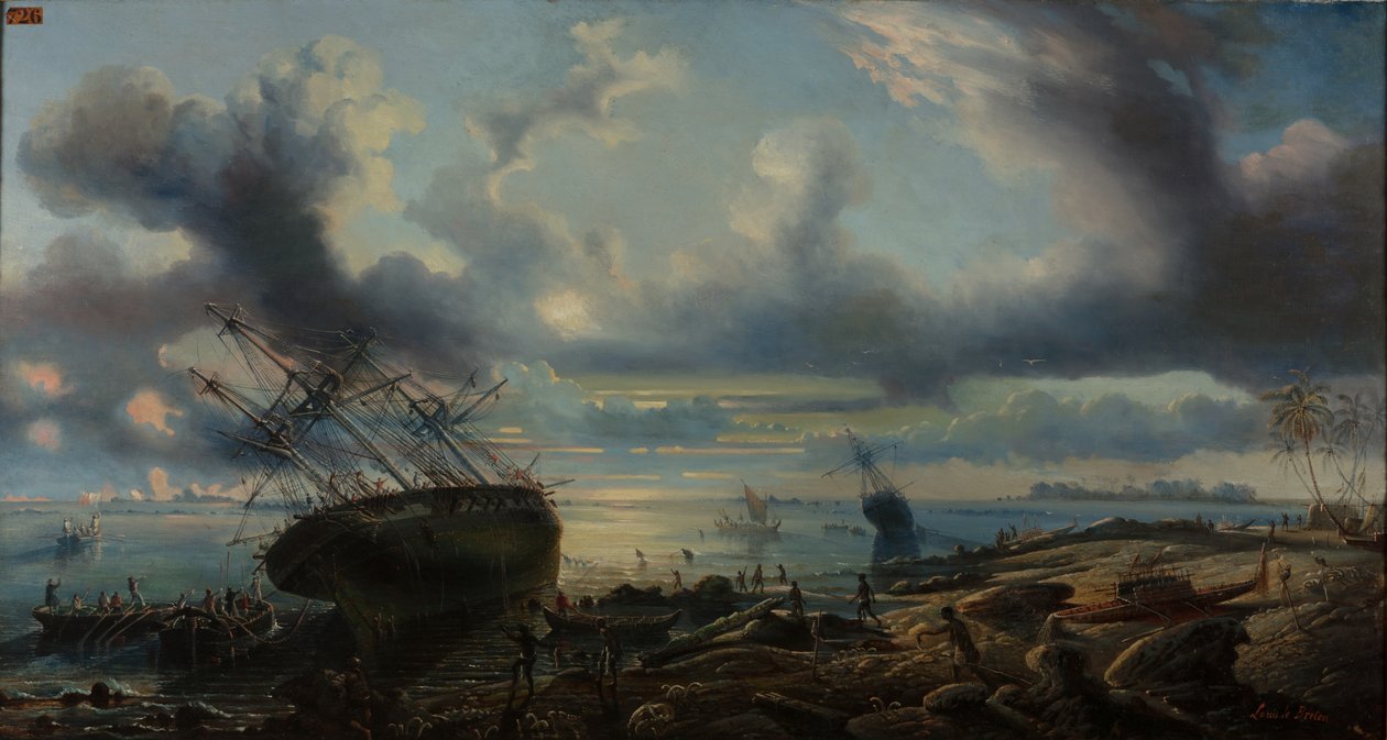 Uvíznutí korvet v průplavu Mauvais, Torresův průliv 1843 (olej na plátně) od Louis Lebreton