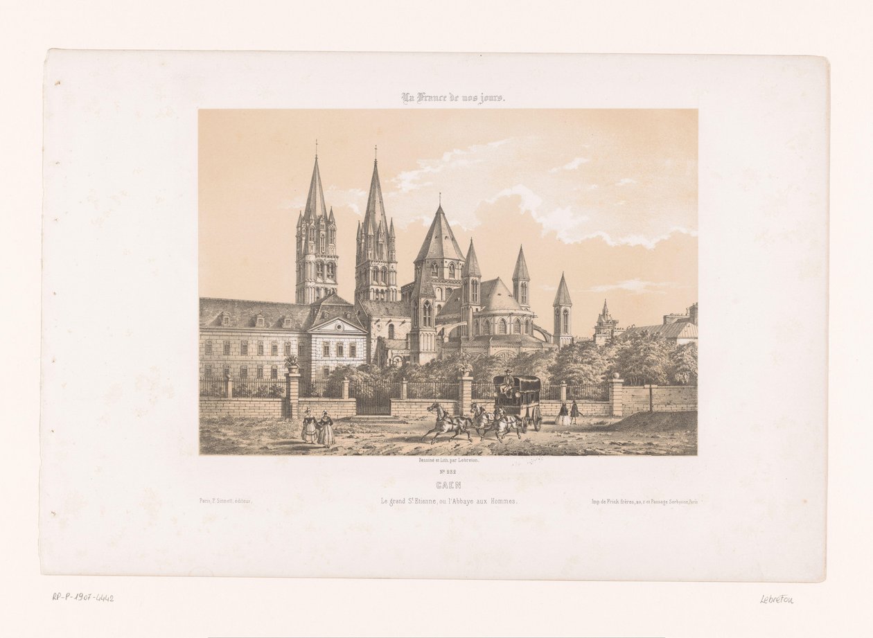 Zicht op de Abbaye aux Hommes se setkal s de Saint-Étienne Church te Caen Caen. Velký Et. Etienne nebo opatství lidí (název na předmětu) Hedendaags Frankrijk (název série) Francie v současnosti (název série na objektu) od Louis Le Breton