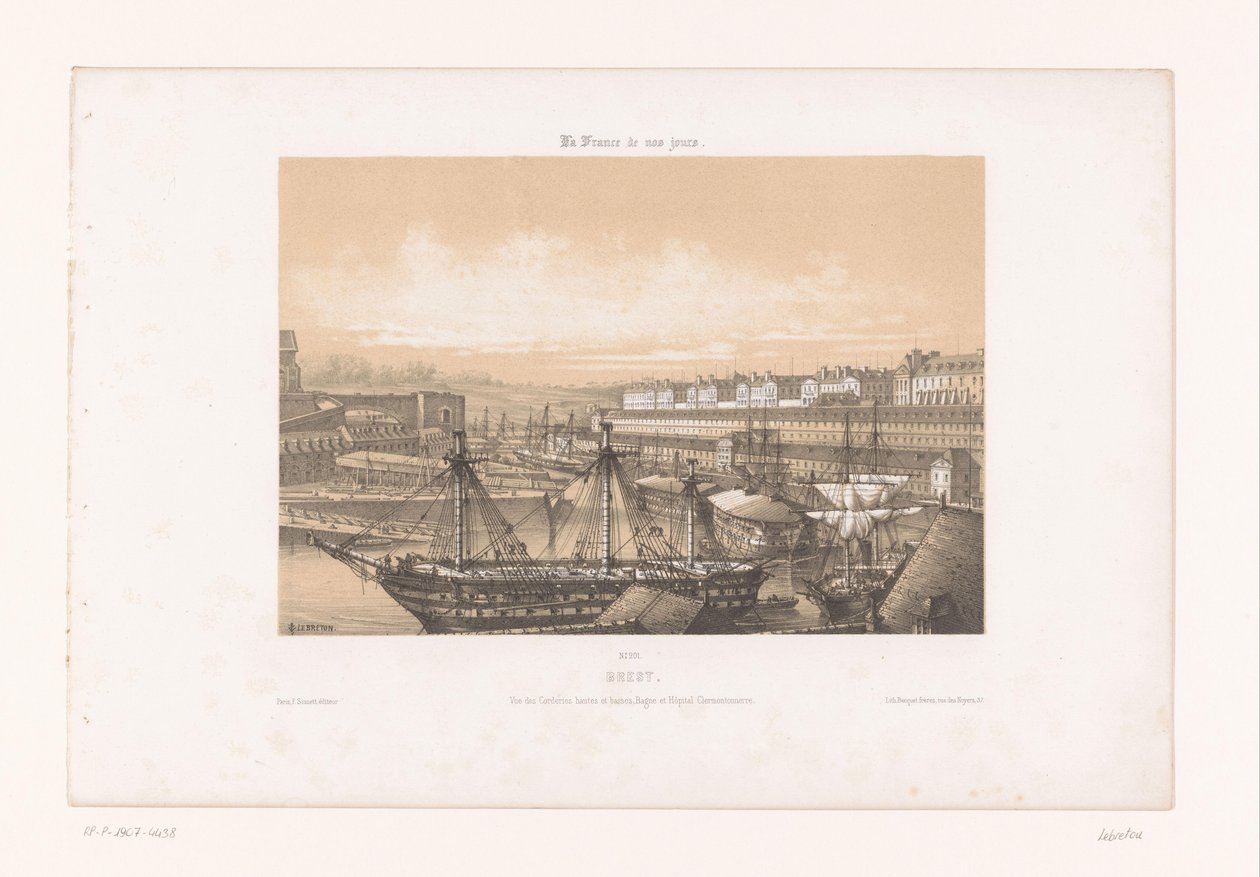 Pohled na Arsenal v přístavu Brest Brest. Vue des Corderies hautes et bass, Bagne a Hôpital Clermontonnerre (název na objektu) Současná Francie (název série) La France de nos jours (název série na objektu) od Louis Le Breton