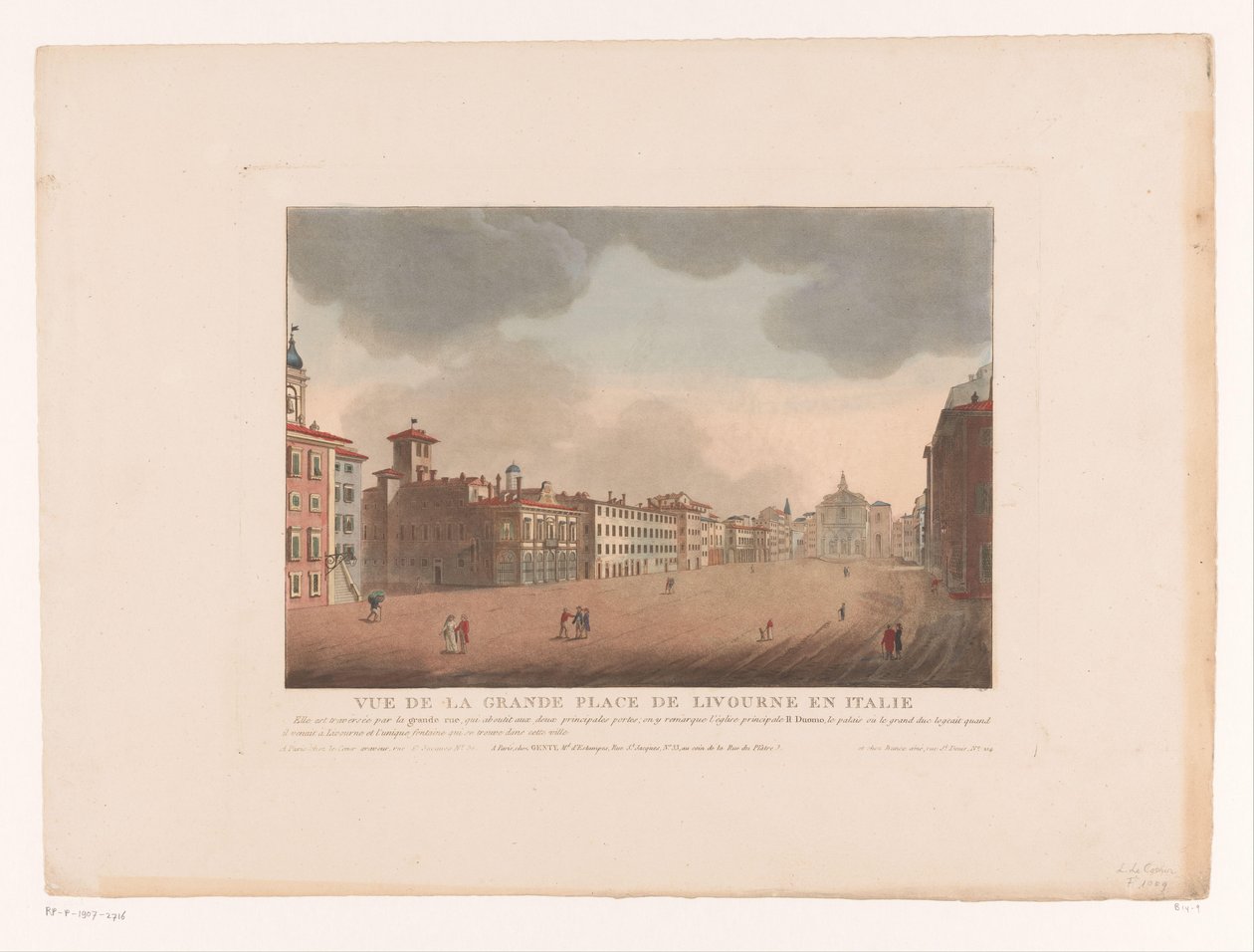 Pohled na náměstí Piazza Grande v Livornu Vue de la Grande Place de Livourne v Itálii (název na objektu) Panoráma měst v Itálii, Španělsku a Egyptě (název série) od Louis Lecoeur