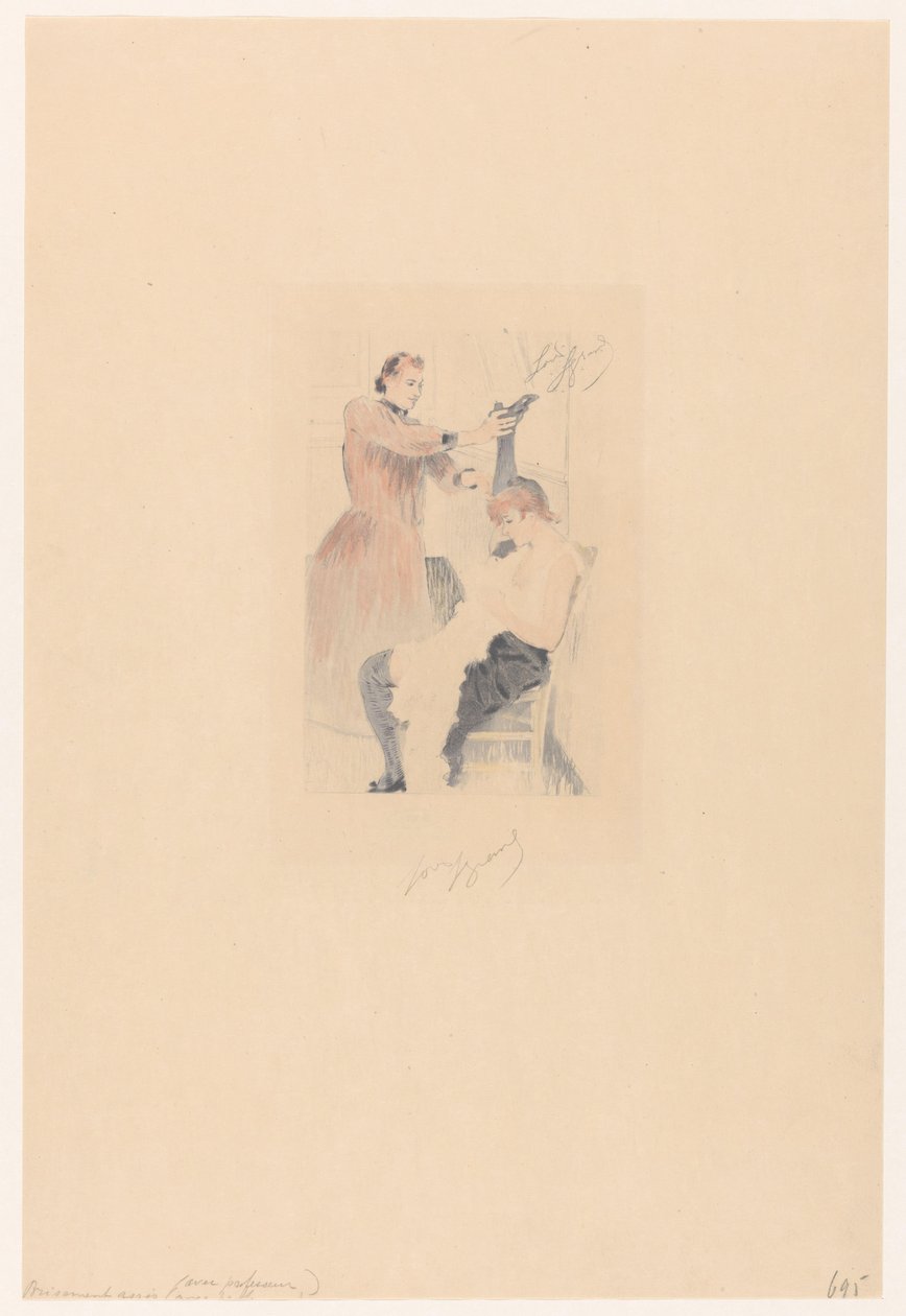 Cancan tanečnice sedí na židli při cvičení flexibility Brisement assis (avec professeur) (titul na objektu) od Louis Legrand (signed by artist)