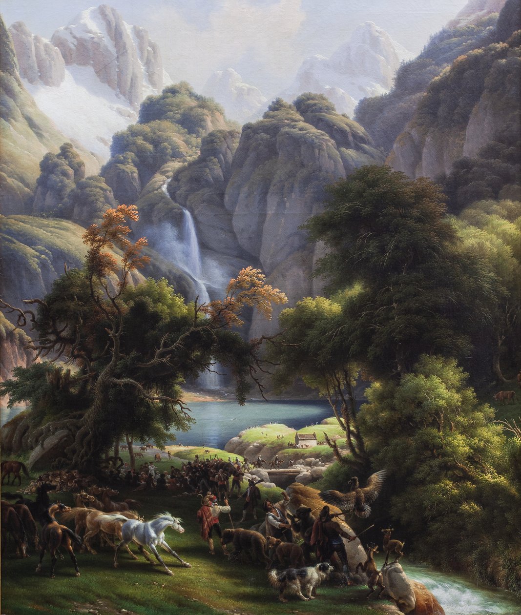 Lov medvěda směrem k vodopádu Lake Oo (olej na plátně) od Louis Lejeune