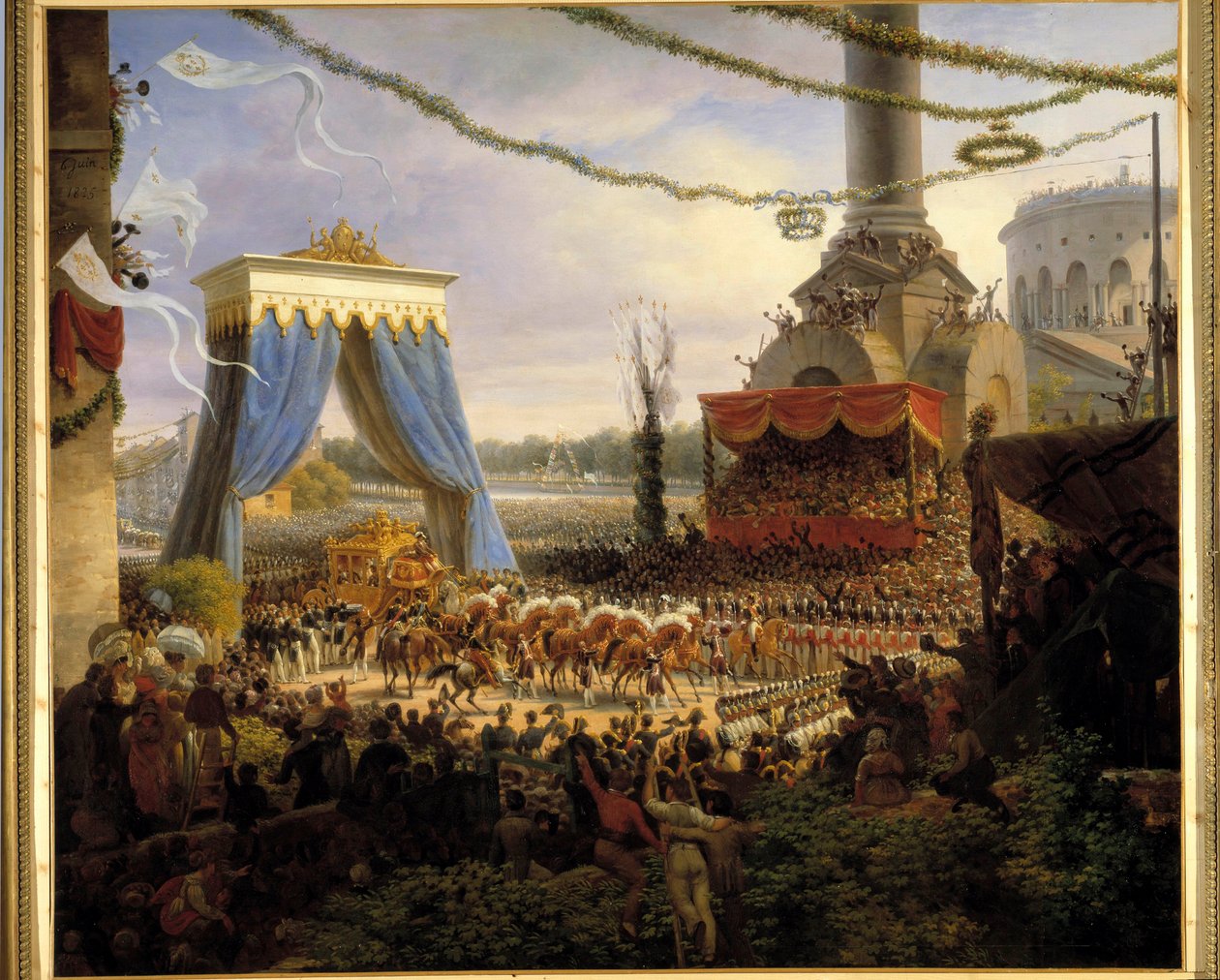 Entre de Charles X à Paris po korunovaci 6.6.1825. Královský kočár přivítal v Barriere de la Villette městský úřad v Paříži v čele s prefetem departementu Seiny, hrabětem z Chabrol, malířství Louise Fra od Louis Lejeune