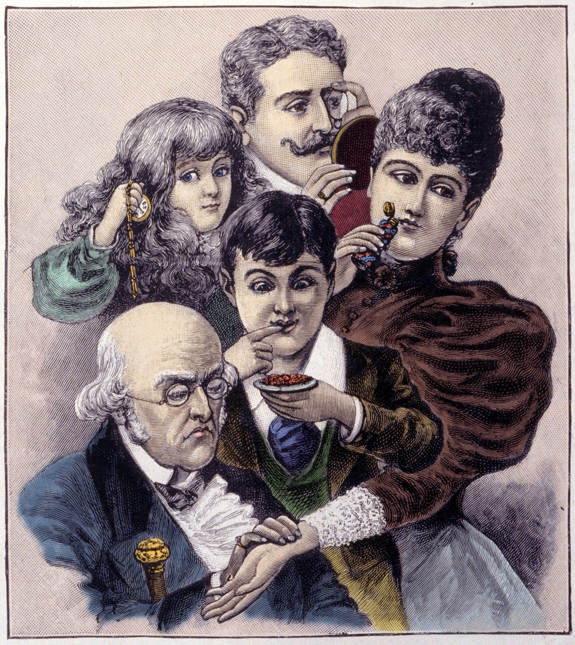 Znázornění pěti smyslů (hmat, sluch, čich, chuť a zrak) od Louise leopolda Baillyho. Rytina z roku 1894. od Louis Leopold (after) Boilly