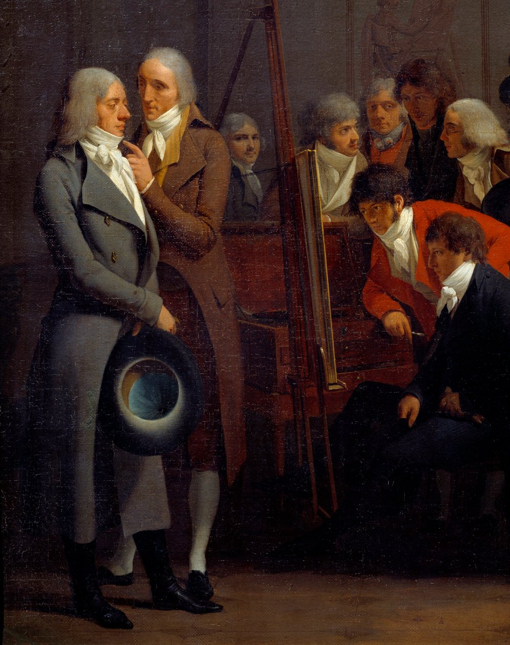 Setkání umělců v dílně malíře Jean Baptiste Isabey (1767-1855) „Isabey v červeném vysvětluje svůj obraz malíři Francoisi Gerardovi. Prud