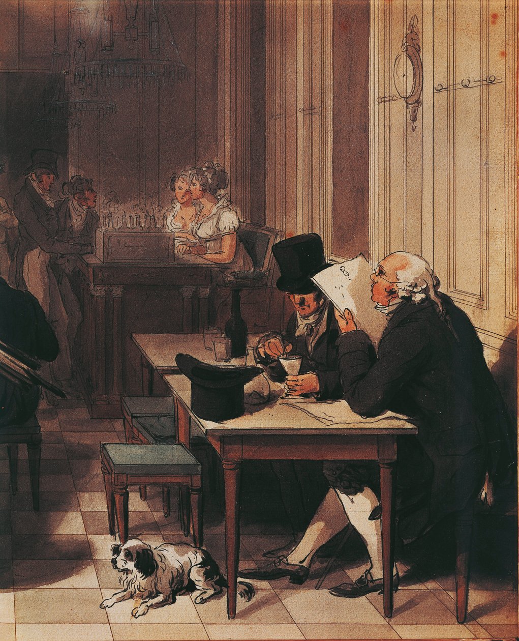 Interiér kavárny z doby kolem roku 1815, Louis-Leopold Boilly, Kresba od Louis Leopold Boilly