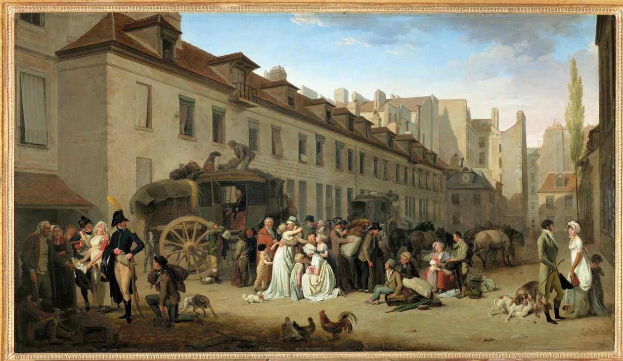 Příjezd dostavníku na nádvoří Messageries v ulici Notre-Dame-des-Victoires v Paříži ... od Louis Leopold Boilly
