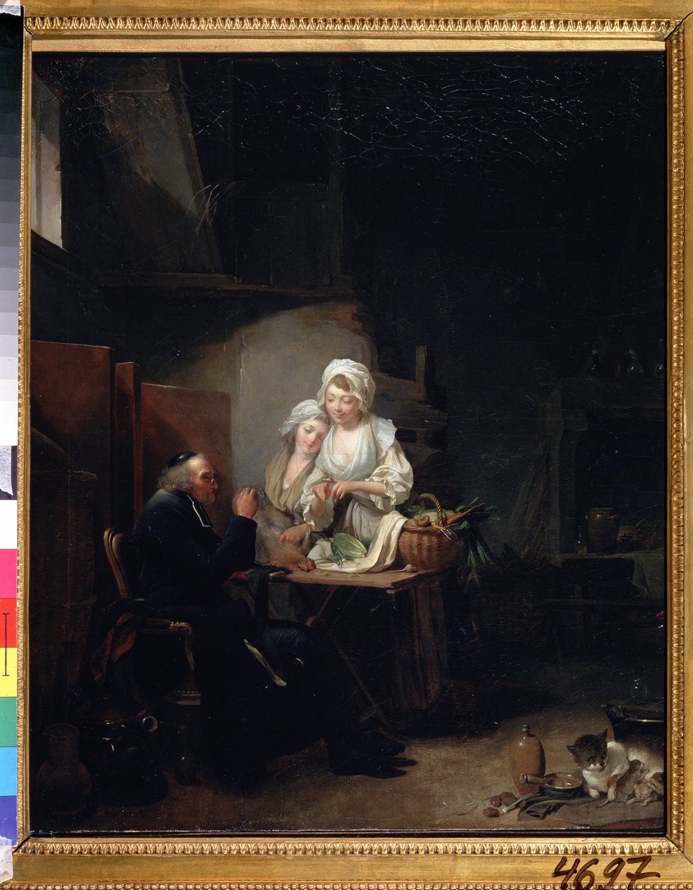 ""Starý vikář"" (starý kurát) Dvě ženy pomáhají starému kurátovi v kuchyni. Obraz Louis-Leopold (Louis Leopold) Boilly (1761-1845) 1785-1800 Puškinovo muzeum, Moskva od Louis Leopold Boilly