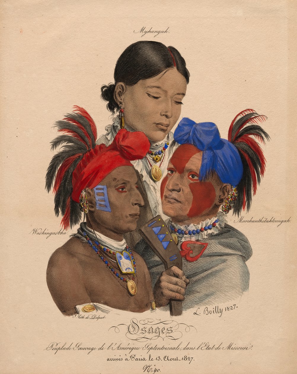 Osageští Indiáni: Mohongo, Washingsabba (nebo Black Bird) a Big Soldier od Louis Leopold Boilly