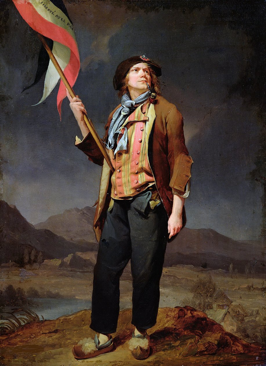 Portrét zpěváka Simona Chenarda (1758-1832) v sans culotte kostýmu s vlajkou na savojském Dni svobody, 14. října 1792"" Obraz Louis Leopold Boilly (1761-1845). 1792. Rozměr 0,33x0,22m. Paříž, Carnavalet Museum od Louis Leopold Boilly