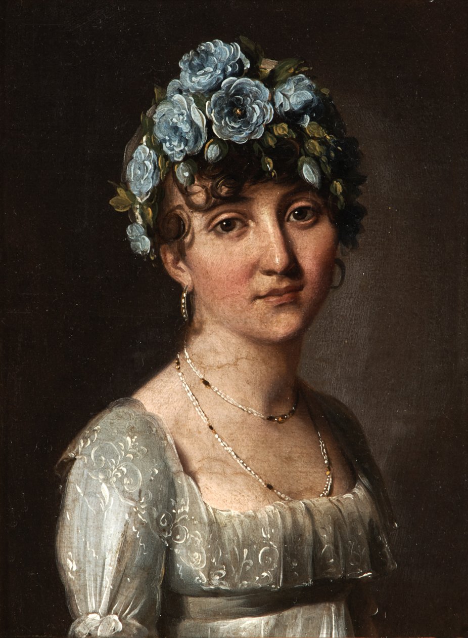 Portrét baronky Mesgrigny, rozené Berthelot de Rambuteau (Portrét mladé ženy s modrými květinami) od Louis Leopold Boilly