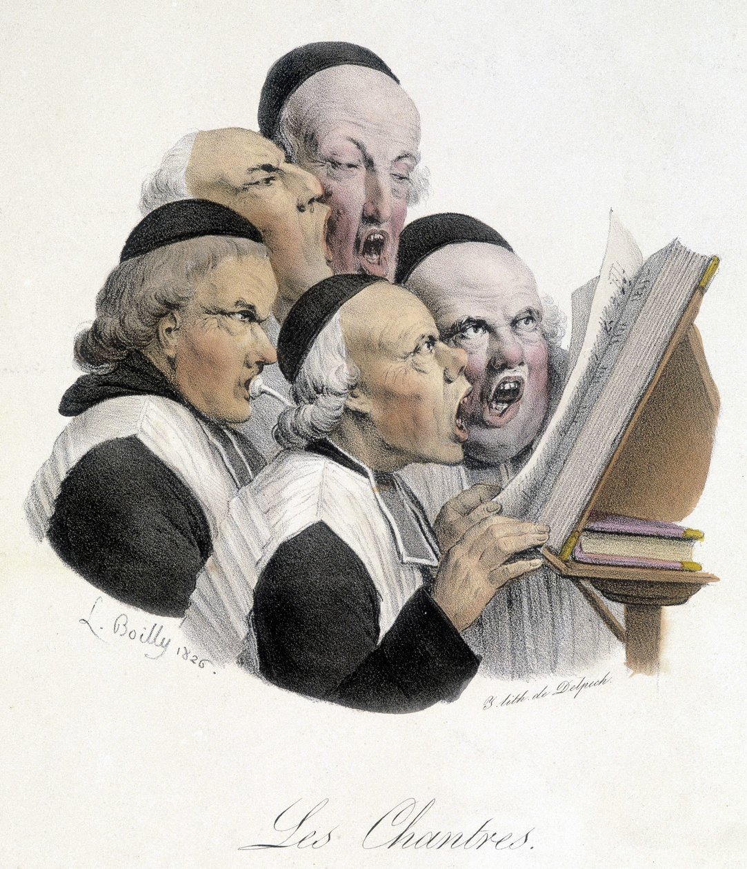 Zpívající věřící muži (Les chantres). Karikatura L. Boillyho z roku 1826. od Louis Leopold Boilly