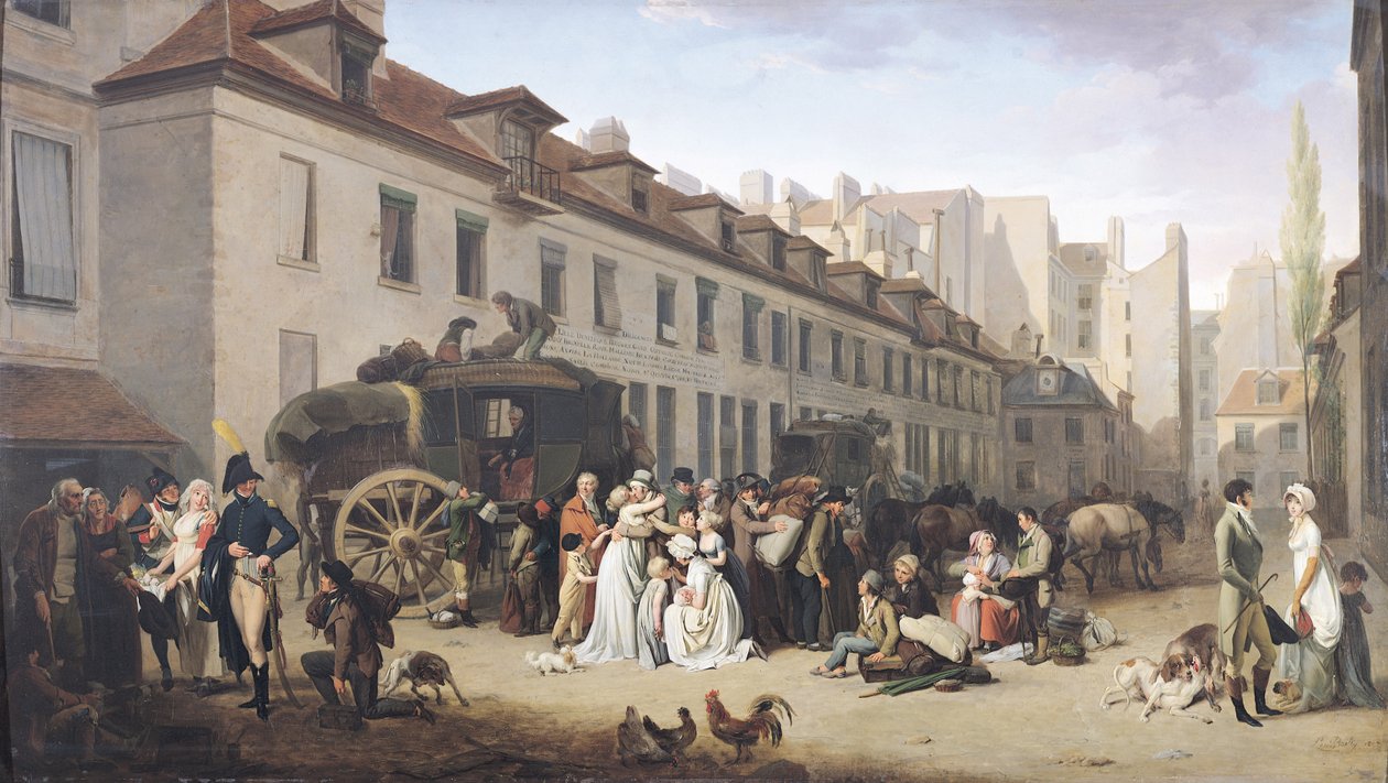 Příjezd dostavníku na konečnou stanici, ulice Notre-Dame-des-Victoires, Paříž od Louis Leopold Boilly