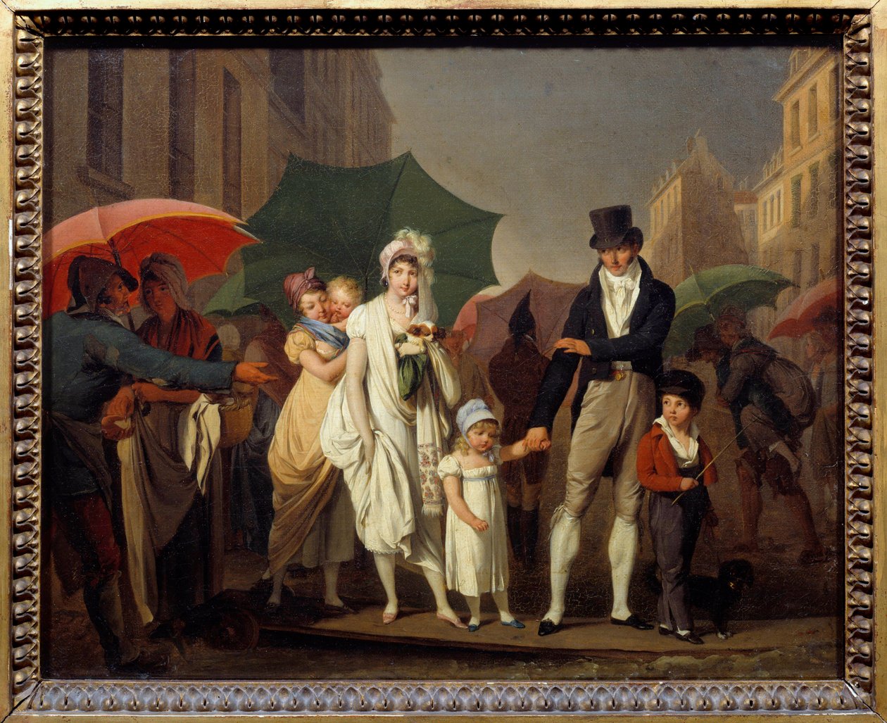 Bourgeois sprchy v pařížské módě Premier Empire, které se chrání před deštěm. Obraz Louise leopolda Boillyho (1761-1845) 19. století Sun. 0,32x0,4 m - Liják. Pařížané buržoazní oblečení v módě prvního císařství chránící se fr od Louis Leopold Boilly