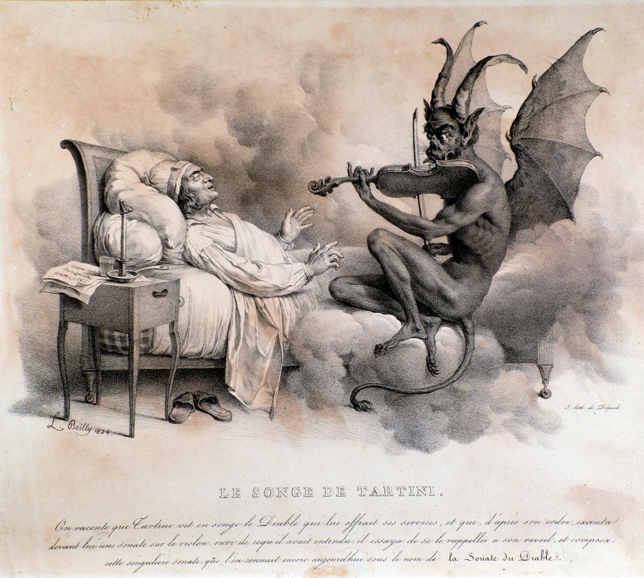 Sen italského skladatele Giuseppe Tartiniho, který viděl ďábla hrajícího na housle, jenž se stal Ďábelskou trilovou sonátou (Ilustrace) od Louis Leopold Boilly