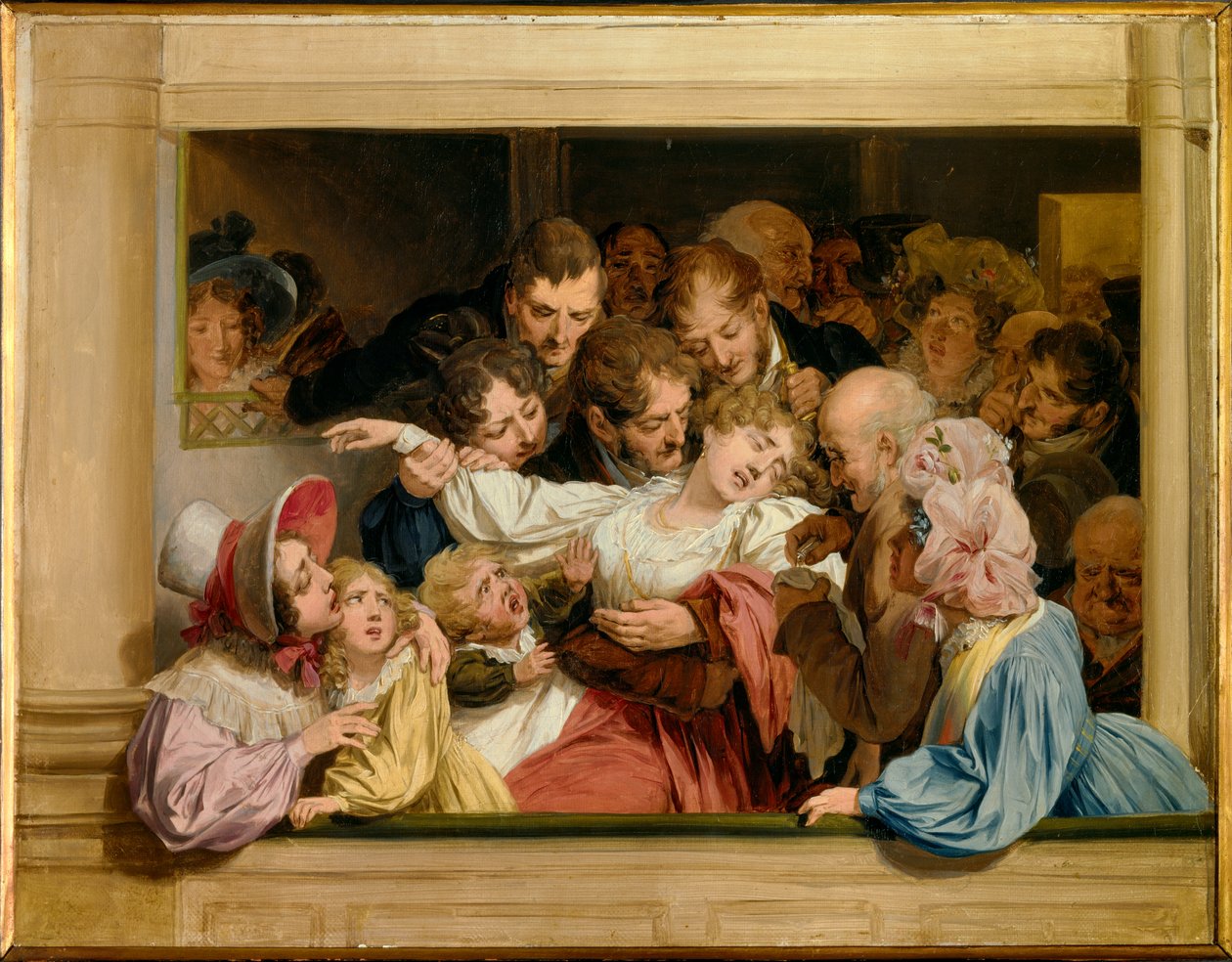 Efekt melodramatu Mladá žena omdlí v divadelní šatně. Obraz Louise leopolda Boillyho (1761-1845) 1830 Ne. 0,32x0,41 m Versailles, musee Lambinet od Louis Leopold Boilly