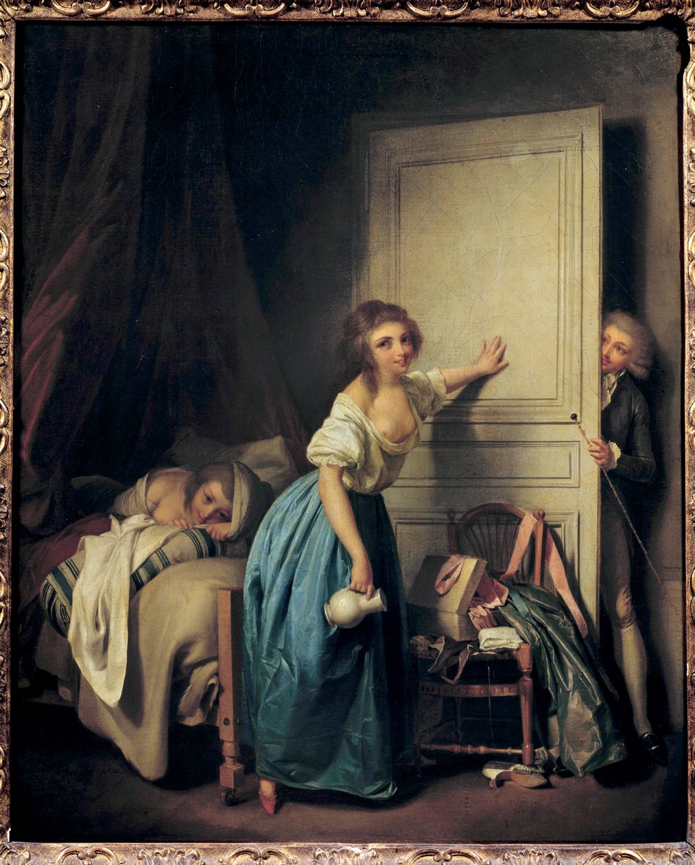 Zvědavý voyeur, který špehuje dvě malé holčičky. Obraz Louise Leopolda Boillyho (1761-1845). 18. století. Paříž. Muzeum Cognacq Jay od Louis Leopold Boilly
