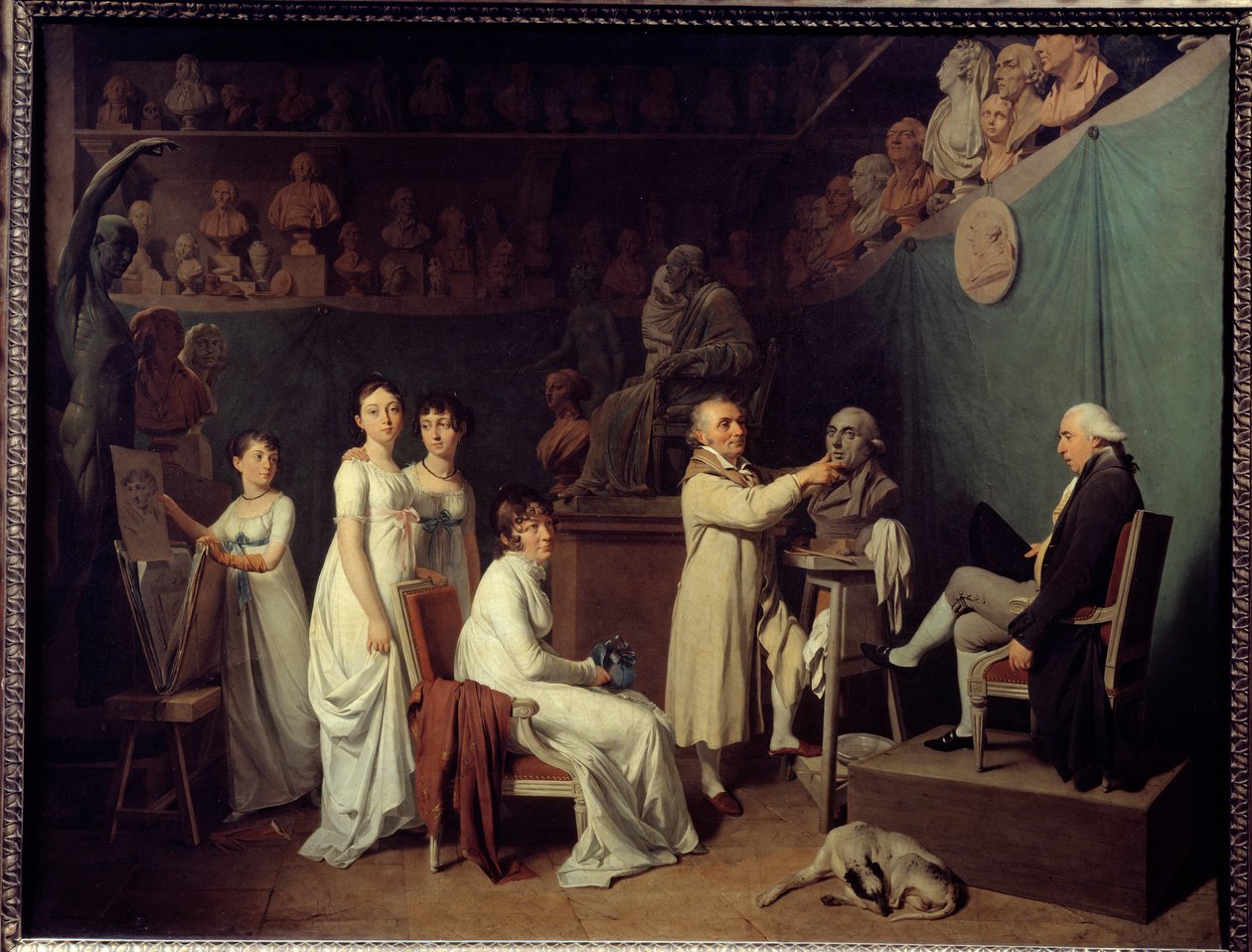 Dílna sochaře Jeana Baptista Houdona (1741-1828). Sochařovým modelem byl matematik Pierre-Simon Laplace (1749-1827) Marquis de Laplace za přítomnosti své manželky a dcer. Obraz Louis Leopold Boilly (1761-1845) 1804 Paris, De od Louis Leopold Boilly