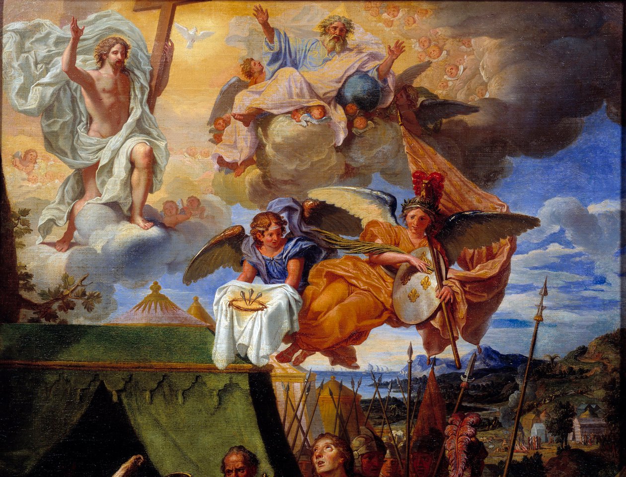 Král Louis IX (Saint Louis) (1214-1270) pečující o své vojáky Detail představující Boha a anděly. Obraz Louise Licherie de Bury (1629-1687) Rouen 17. století, Musee des Beaux Arts od Louis Licherie de Beurie