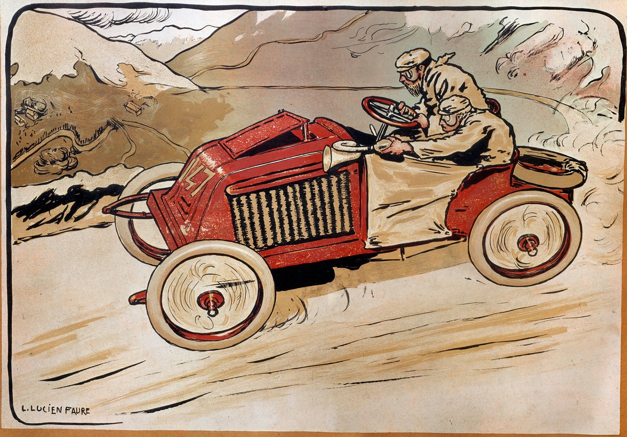 Automobil: závodní auto. Marcel Renault (1872-1903) a Rene Vauthier přejezd Alp během závodu PAŘÍŽ-VÍDEŇ v roce 1902 v autě 147. Litografie Louis Lucien Faure Dujarric (1872-?), 20. stol. Conservatoire national des Arts et Metiers, Paříž od Louis Lucien Faure Dujarric