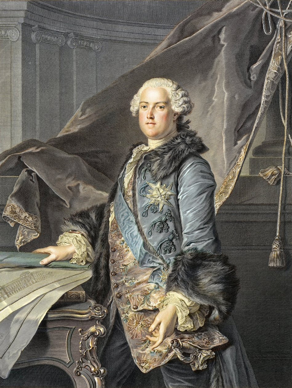 Abel Francois Poisson de Vandieres (1727-81) markýz de Marigny - ředitel královských budov; bratr Madame de Pompadour - Portrét Abel-Francoise (Abel Francois) Poisson, monsieur de Vandieres, markýz de Marigny, generální ředitel Batim od Louis M. (after) Tocque