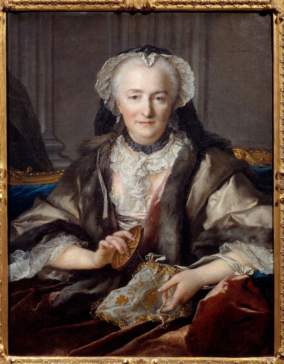 Portrét klepající madame Dange Je manželkou generála farmáře F. B. Dange du Fay - Obraz Louis Tocque (1696-1772) 1753 Sun. 0,83x0,63 m - Portrét Anne Jarryové, Madame Dange (v roce 1721 se provdala za Francoise Balthazara Dange du Fay (1696-1777) od Louis Tocqué