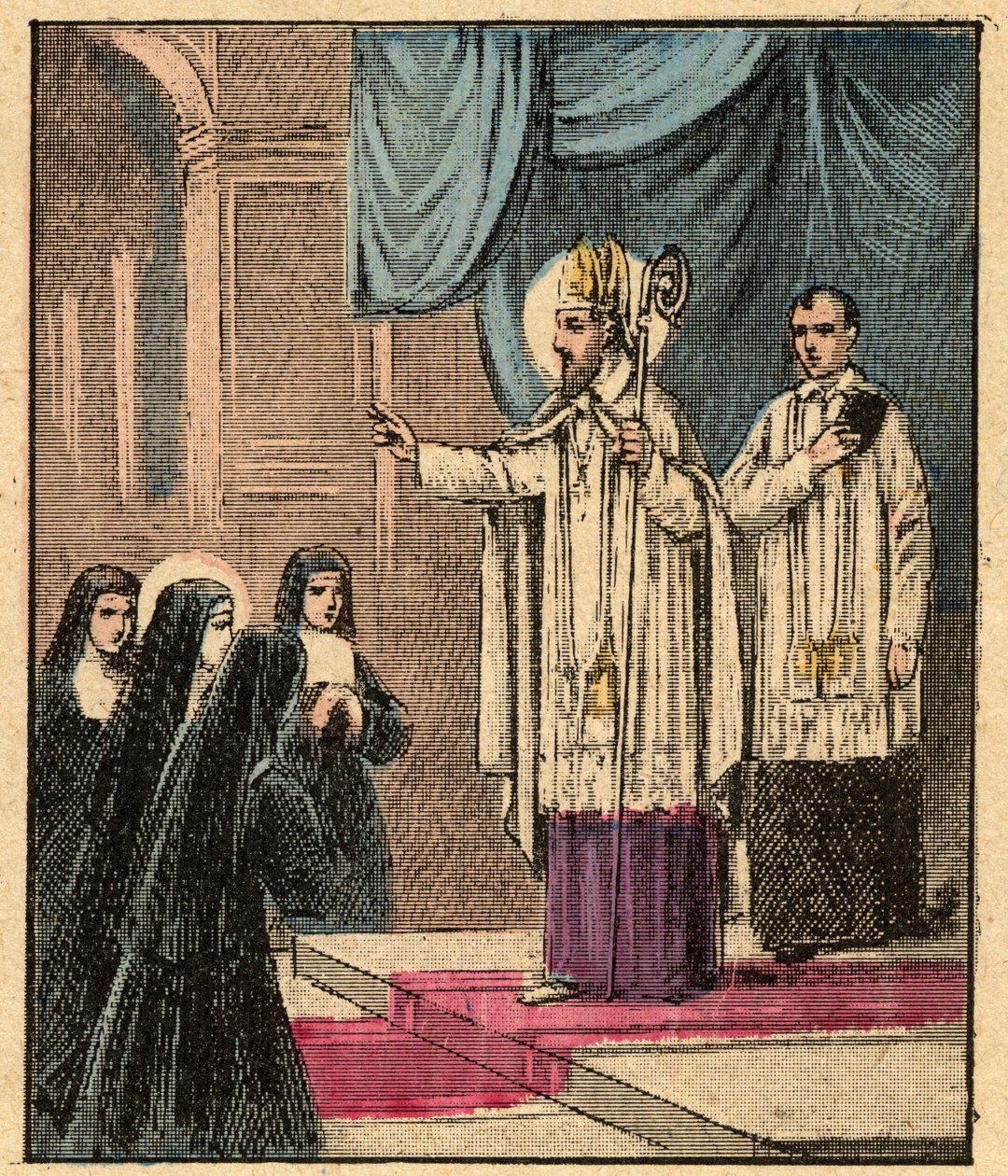 Řád Navštívení Panny Marie - Sv. František Saleský - Saint Francois-de-Sales (1567-1622) - Francois de Sales založil Řád Navštívení s paní de Chantal (Jeanne Francoise Fremyot de Chantal) (1572-1641) - Rytina z „Náboženské vyučování od Louis Maitrejean