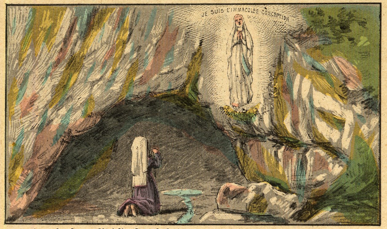 Zjevení Panny Marie v Lurdech - Panna Maria se zjevuje Bernadette Soubirous (1844-1879) v Lurdech v roce 1858 - - Rytina z „“ Náboženského učení očima. Báječné album“ Louis Maitrejean a Georget Ramond - Francie 1910 od Louis Maitrejean