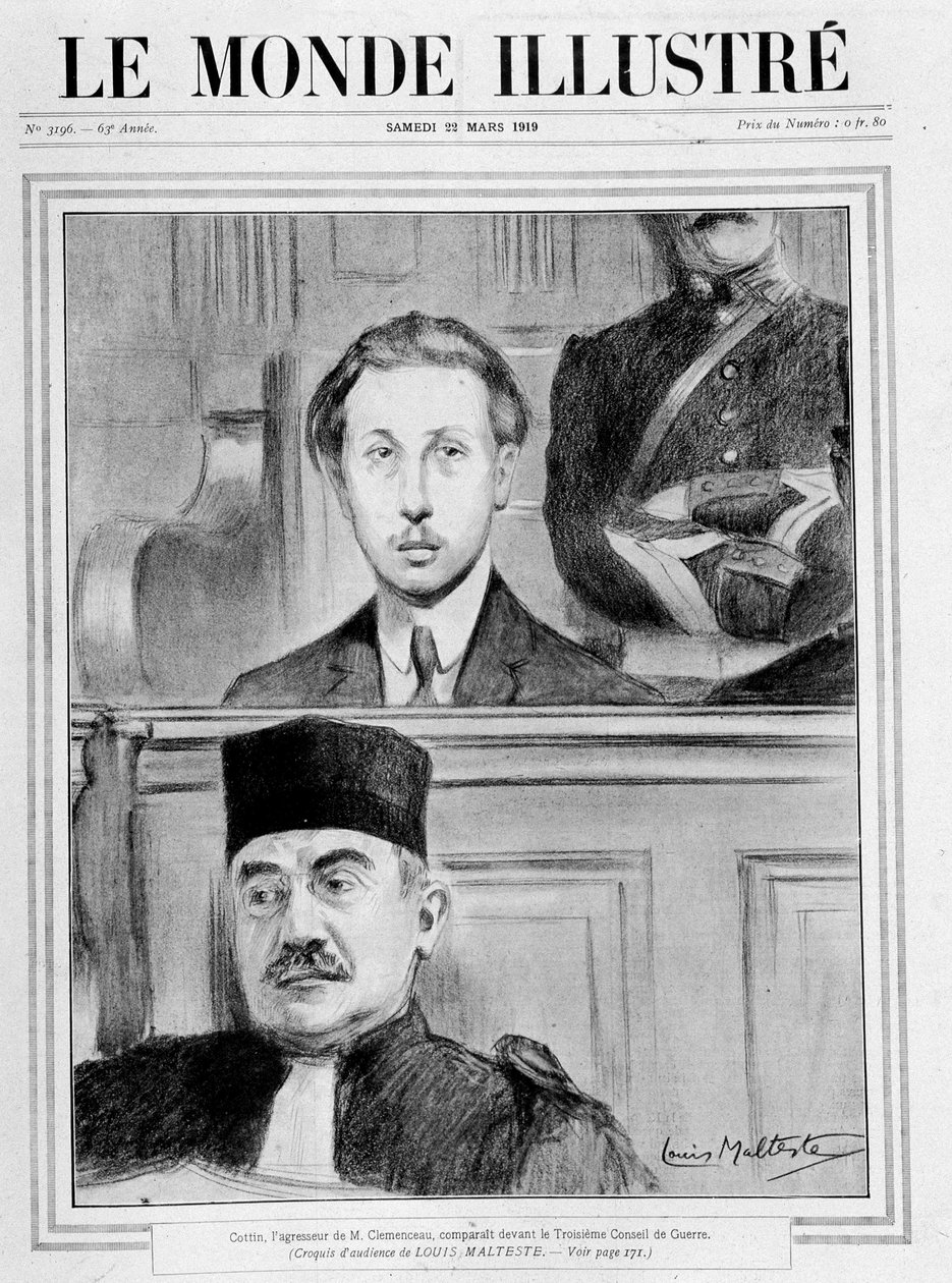 Scéna soudu. „“ Eugene Cottin, agresor Georgese Benjamina Clemenceaua, vystoupil před 3. válečnou radou““ (náčrt publika od Louise Malteste) – v „“ Le Monde Illustré““ z 15.2.1919 od Louis Malteste
