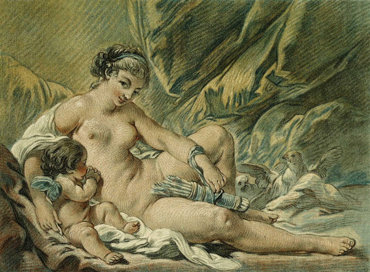 Láska přesvědčí Venuši, aby se vzdala svých zbraní, po F. Boucherovi; Láska se modlí Venuši, aby mu vrátila paže, po F. Boucherovi, 1768 od Louis Marin Bonnet