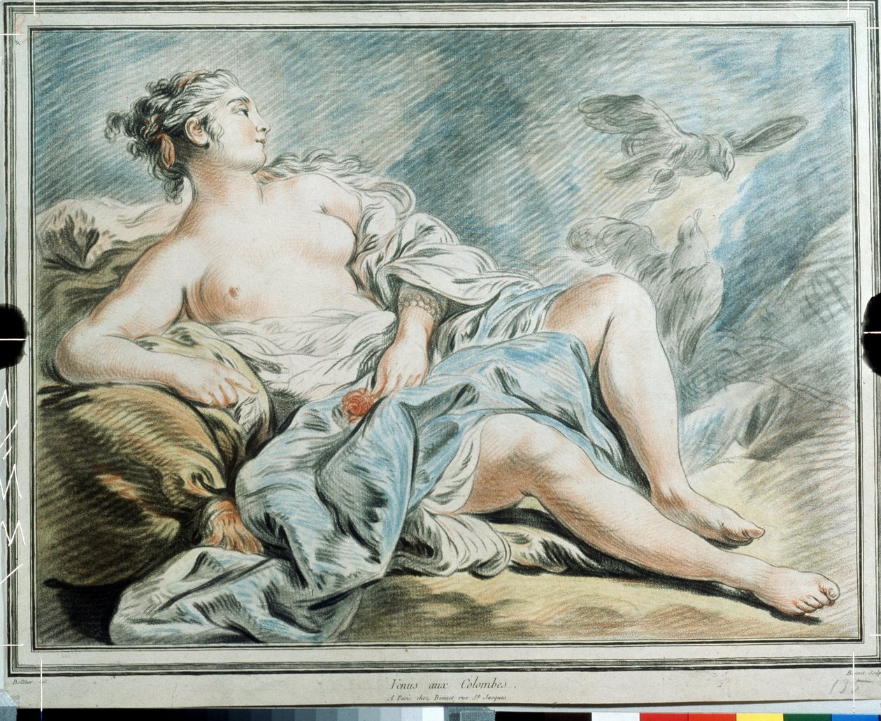 ""Venus aux colombes"" (Venuše s holubicemi) Pastel Louis-Marin (Louis Marin) Bonnet (1743-1793) Puškinovo muzeum z 18. století, Moskva od Louis Marin Bonnet
