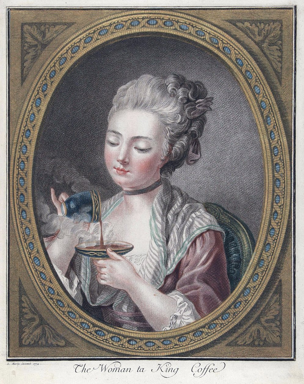 Žena při kávě - Bonnet, Louis-Marin (1743-1793) - 1774 - Lept, akvarel - 28,7x23,4 - Soukromá sbírka od Louis Marin Bonnet