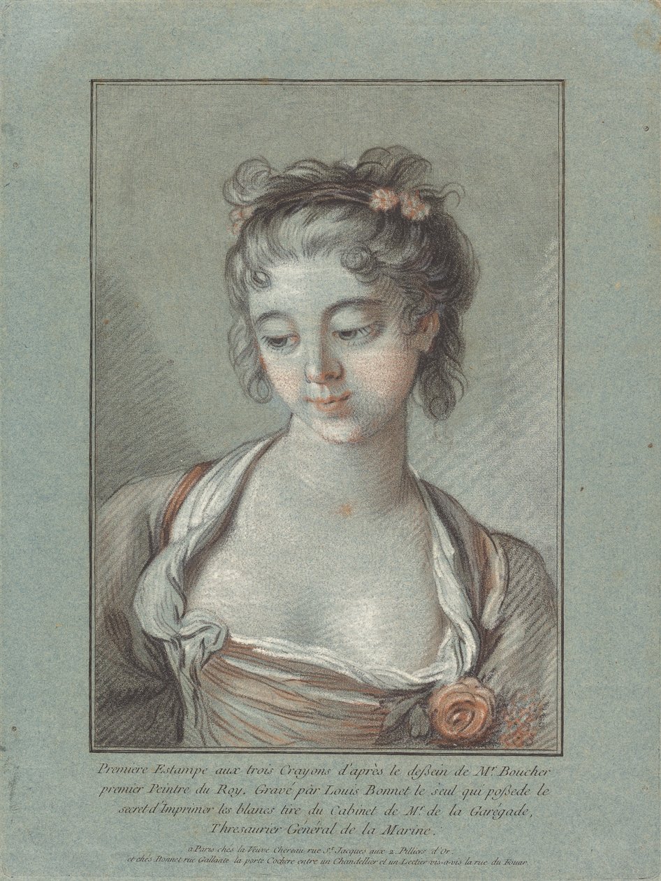 Busta mladé ženy při pohledu dolů od Louis Marin Bonnet after François Boucher