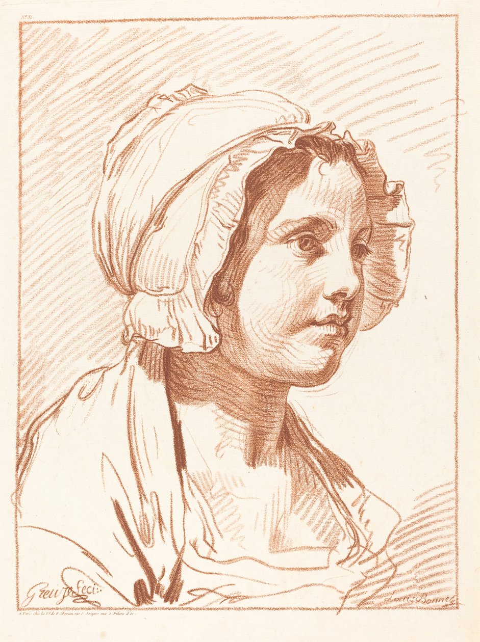 Hlava mladé ženy v čepici od Louis Marin Bonnet after Jean Baptiste Greuze