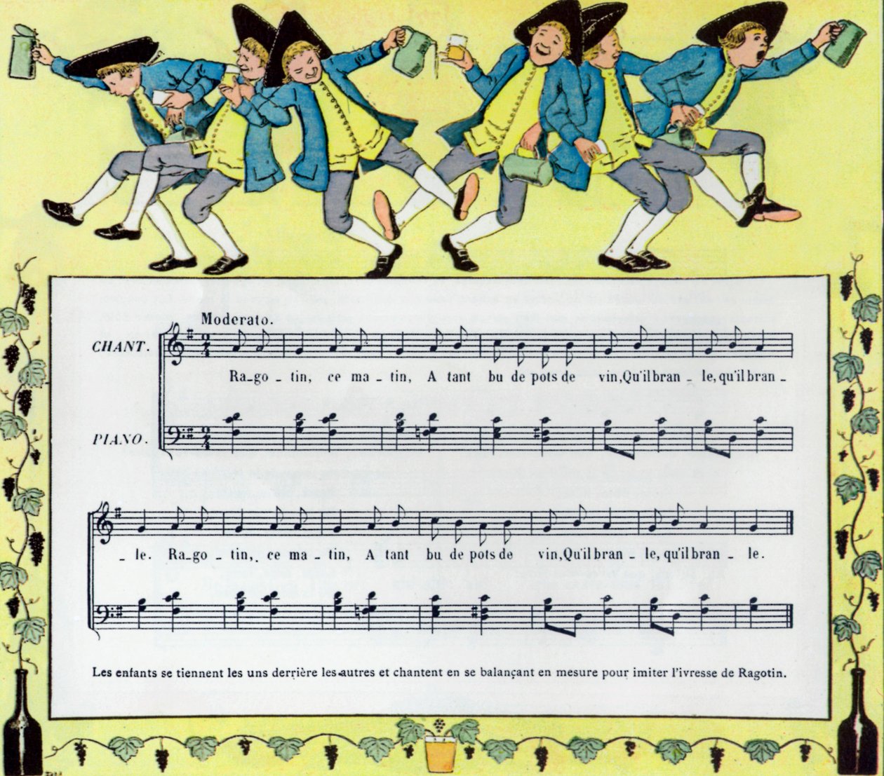 Partitura a ilustrace dětské písně Ragotin od Louise Maurice Bouteta de Monvela od Louis Maurice Boutet de Monvel