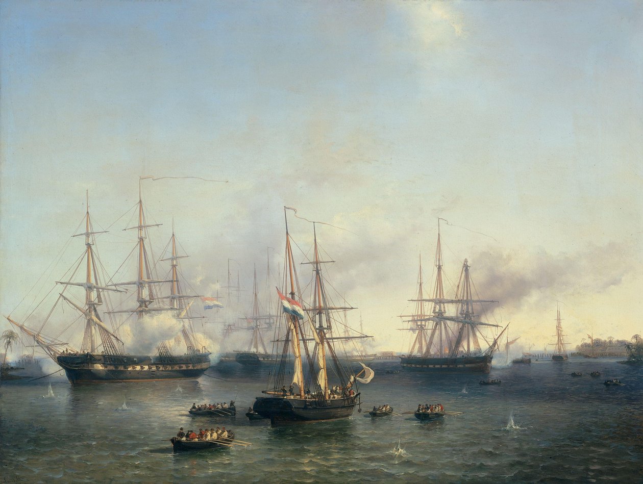 Dobytí Palembangu, Sumatra v Indonésii, generálporučíkem De Kockem, 24. června 1821 od Louis Meijer (signed by artist)