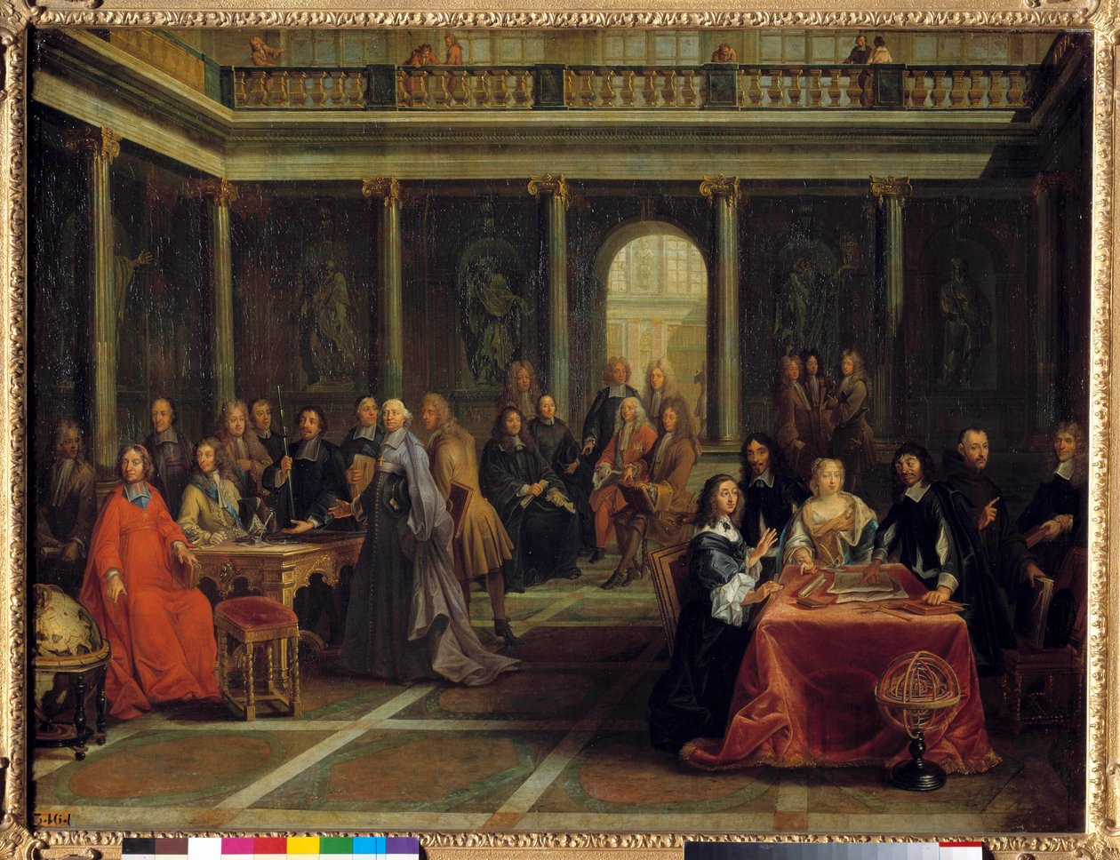 Švédská královna Christine, obklopená svým dvorem, poslouchá filozofa René Descarta při demonstraci geometrie; za přítomnosti prince z Conde, princezny Palatine Elisabeth de Baviere a otce Mersenna Obraz Louis Michel Dumesnil od Louis Michel Dumesnil