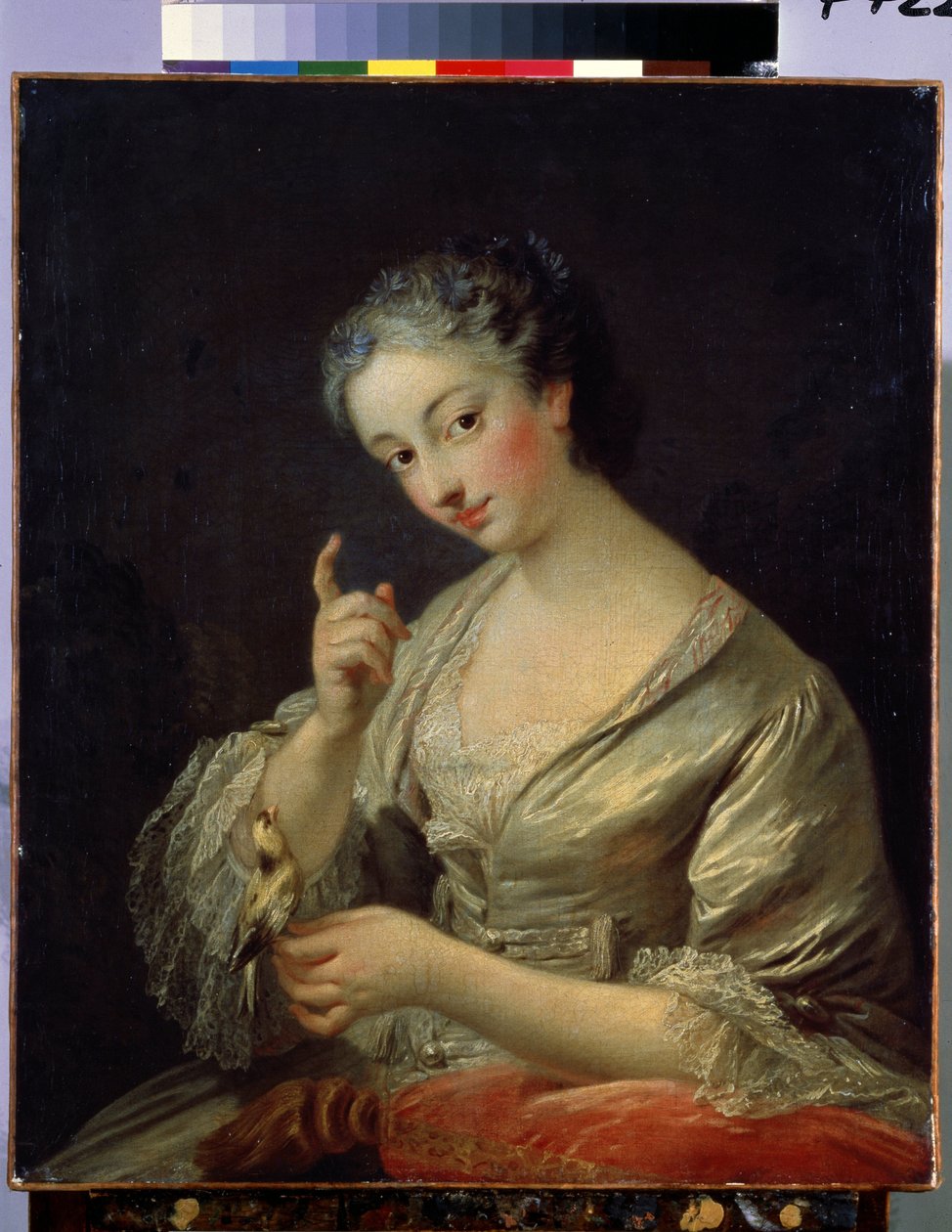Žena s ptákem (dáma s ptákem). Obraz Louis Michel Van Loo (1707-1771). Olej na plátně, 64 x 53,5 cm, 18. stol. Francouzské umění, rokokový styl. Muzeum Ermitáž, Petrohrad. od Louis Michel van Loo