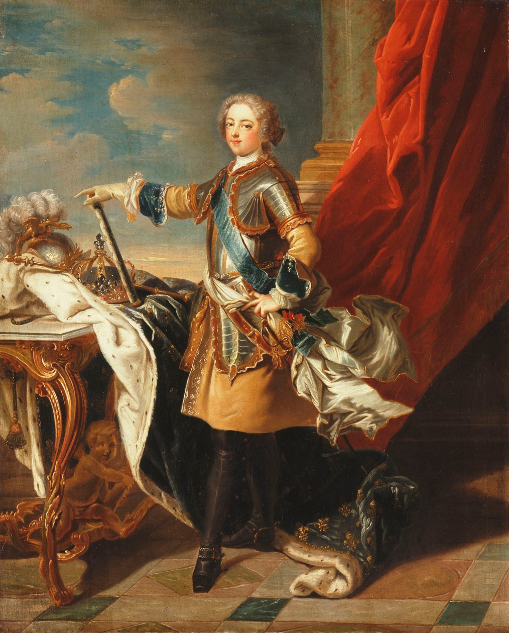 Portrét krále Ludvíka XV., celovečerní, v poloviční zbroji, od Louis Michel van Loo