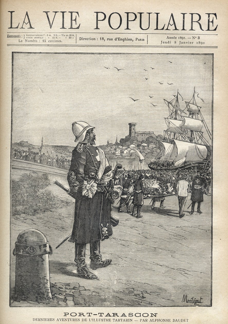 Muž pozorující soutěsku Tarasque v přístavu ostrova Port Tarascon. Ilustrace Montegut pro „Port-Tarascon“ od Alphonse Daudeta (1840-1897). Rytina z roku 1891 v „La vie populaire““. Soukromá sbírka od Louis Montegut