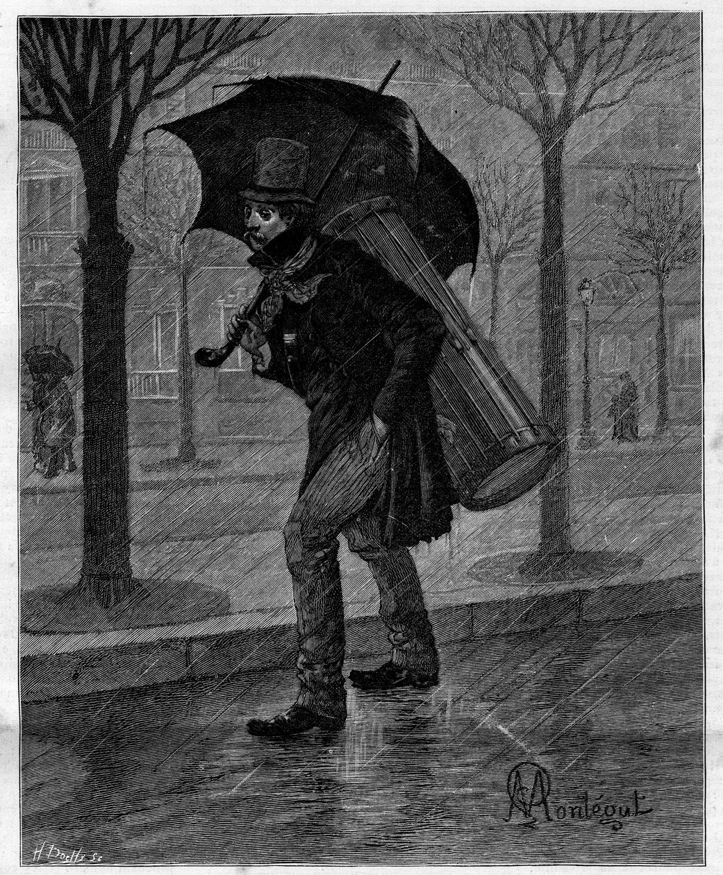 Špatná úroda! Chudák mokrá cikáda! ... Bubeník v bídě chodí v dešti v ulicích Paříže. V autobiografické sbírce „“ Trento ans de Paris“ od Alphonse Daudeta (1840-1897). Rytina podle Montegutových ilustrací v „“ Le Monde illustriou od Louis Montegut