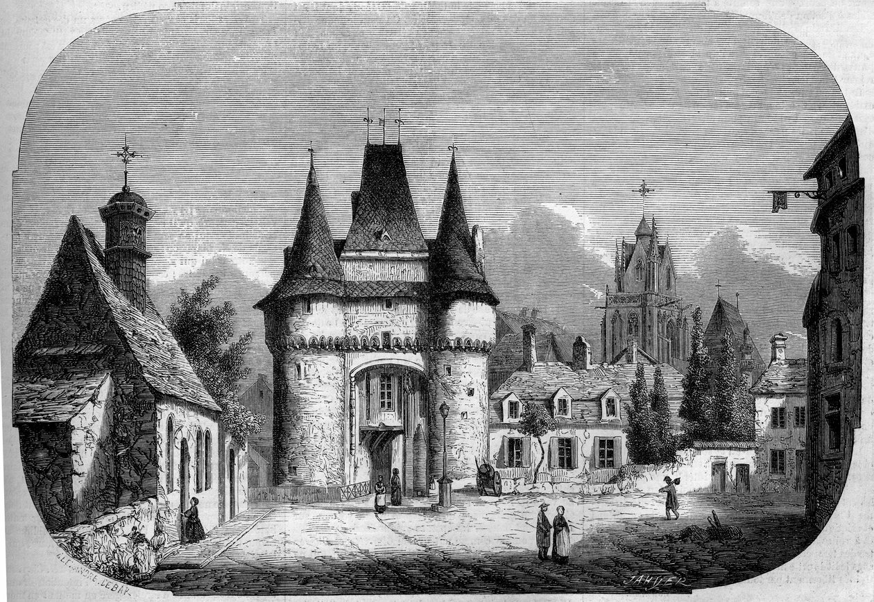 Architektura: pohled na bránu Saint Julien (1460-1483), v pozadí pohled na gotický kostel Notre Dame des Marais (1450-1623). La Ferte Bernard, Sarthe (72) od Louis Moullin