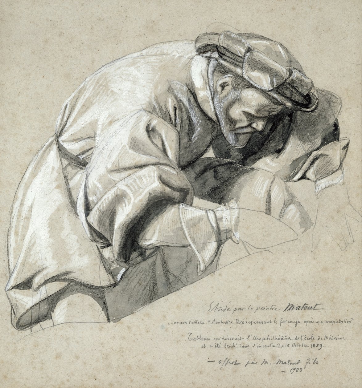 Studie Ambroise Parea (asi 1510-90), „otce moderní chirurgie“ (uhlí a bílá křída na papír) od Louis Nicolas Matout