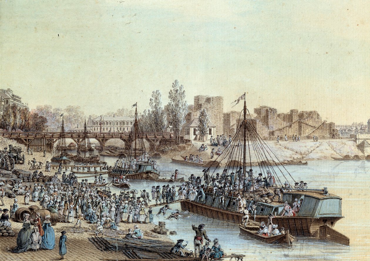 Doprava Loď naložená cestující přijíždějící do doku. Kresba Louis de Lespinasse (1734-1808) 1782. Paříž, Musee Carnavalet od Louis Nicolas de Lespinasse