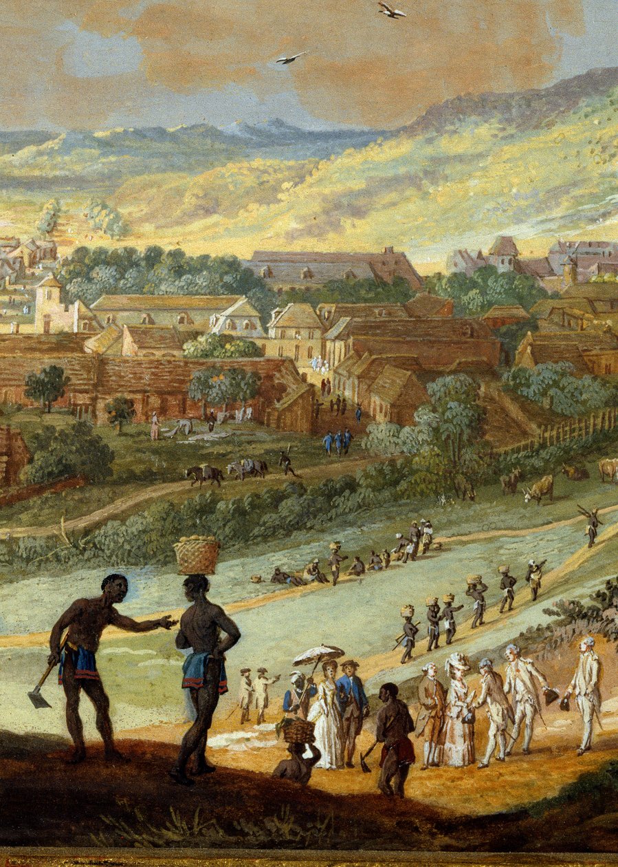 Detail: “” Pohled na město Cape francais (Cap de la Republique) pohled na kopec v Santo Domingu”” Detail. Obraz Louis Nicolas Van Blarenberghe (1716-1794) 1779 La Rochelle, Muzeum Nového světa. od Louis Nicolas van Blarenberghe