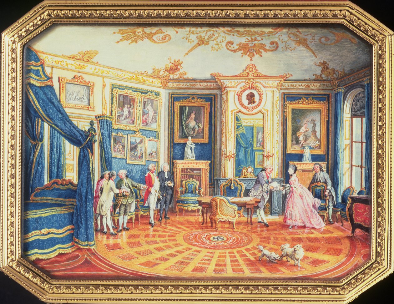 Víko tabatěrky od Louise Roucela († 1787) zobrazující pokoj v jeho zimním zařízení v Hotel de Choiseul, kolem roku 1770 (smaltovaný) od Louis Nicolas van Blarenberghe