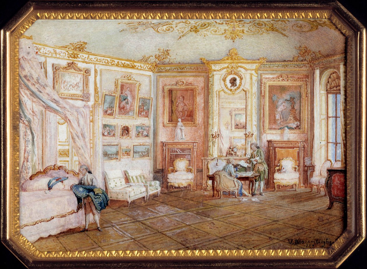 Víko tabatiere od Alexandra Leferra (asi 1806-asi 1838) ozdoba miniaturního obrazu Louise Nicolase Van Blarenberghe (1716-1794) představující pokoj za Ludvíka XV. Kolem roku 1770. Slunce 0,02x0,08x0,06 m Paříž, musee du Louvre od Louis Nicolas van Blarenberghe
